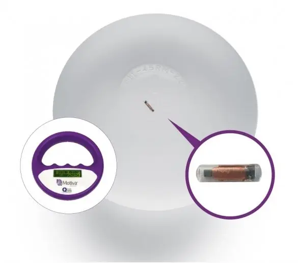 A Motiva Ergonomix implant with its Q Inside Safety Technology (Qid) chip reader